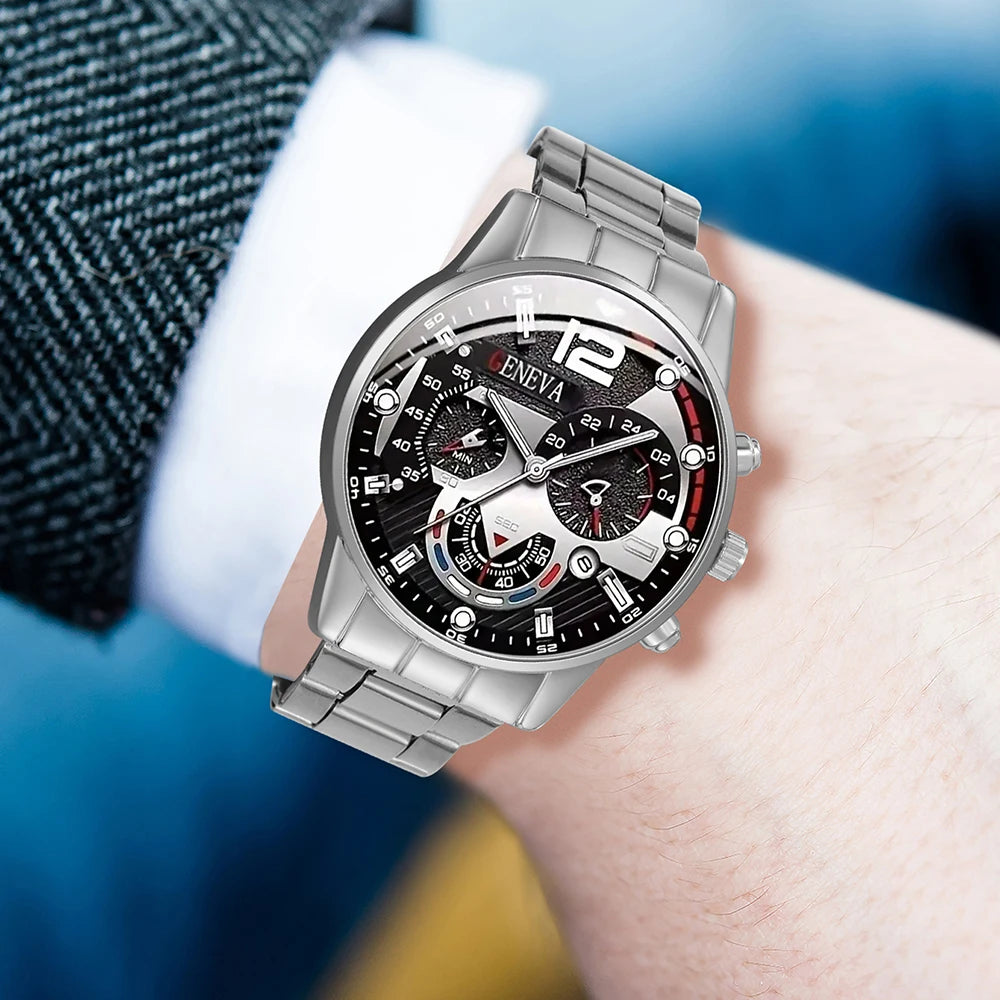 3PCS/SET Men's Calendar Quartz Watch Business Fashion Alloy Watch Set Necklace and Bracelet Set Ideal Choice for Gifts