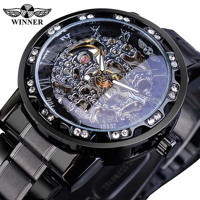Fashion Winner Hot Top Brand Luxury Men Transparent Diamond Luminou Smovement Male Mechanical Skeleton Royal Design Wrist Watch