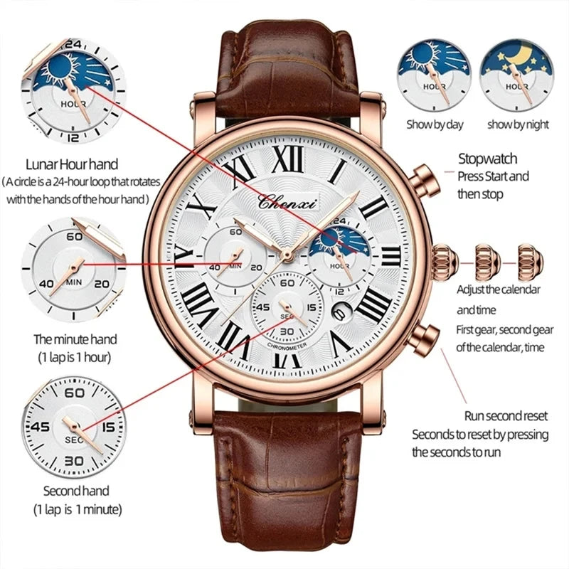 CHENXI 973 Men's Wristwatch Multi-functional Business Watch Moon Phase Date Waterproof Rome Dial Leather Quartz Watches for Man