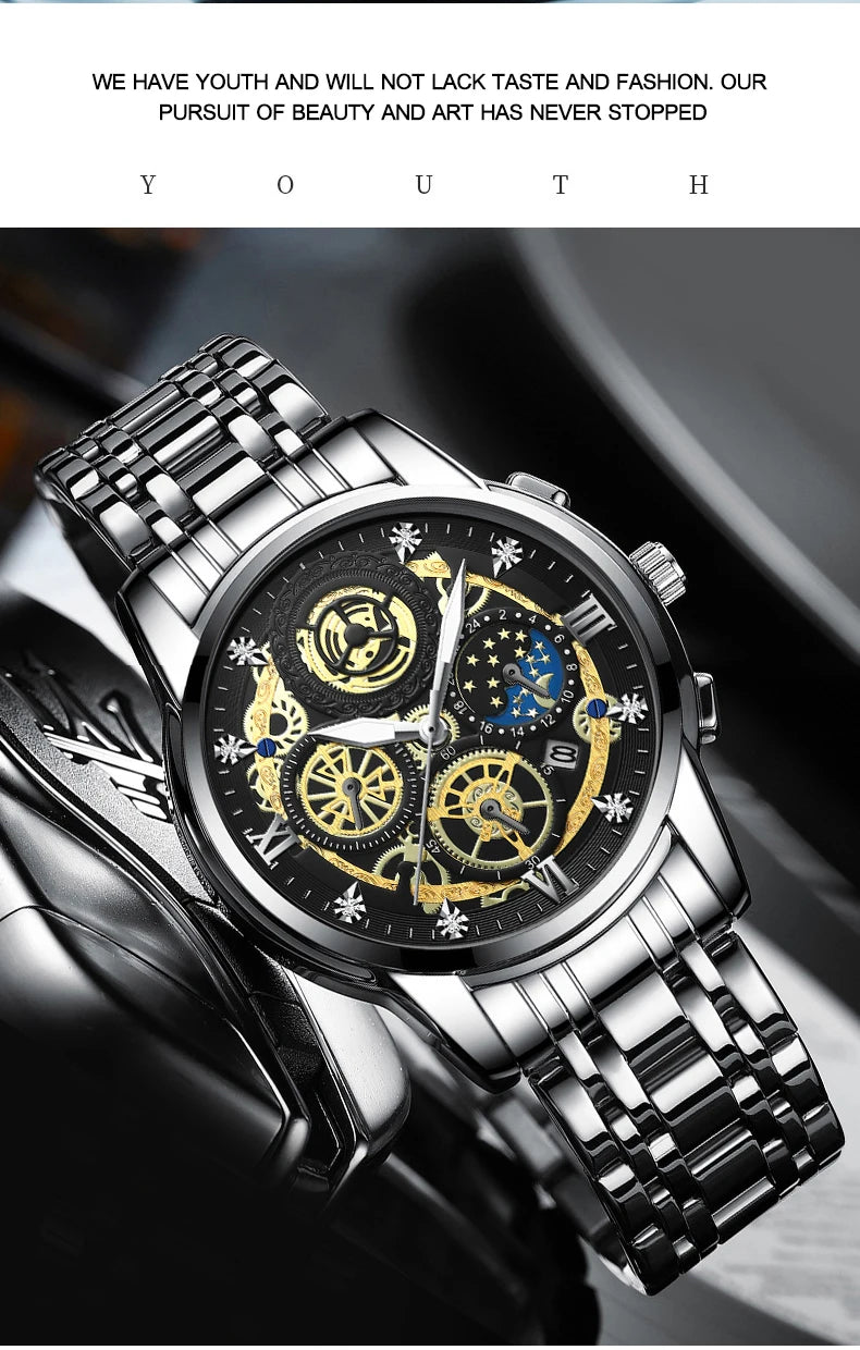 BINBOND B4010 Fashion Casual Quartz Men Watch Luxury Stainless Steel Strap Dial 30M Waterproof Luminous Business Men Wristwatch