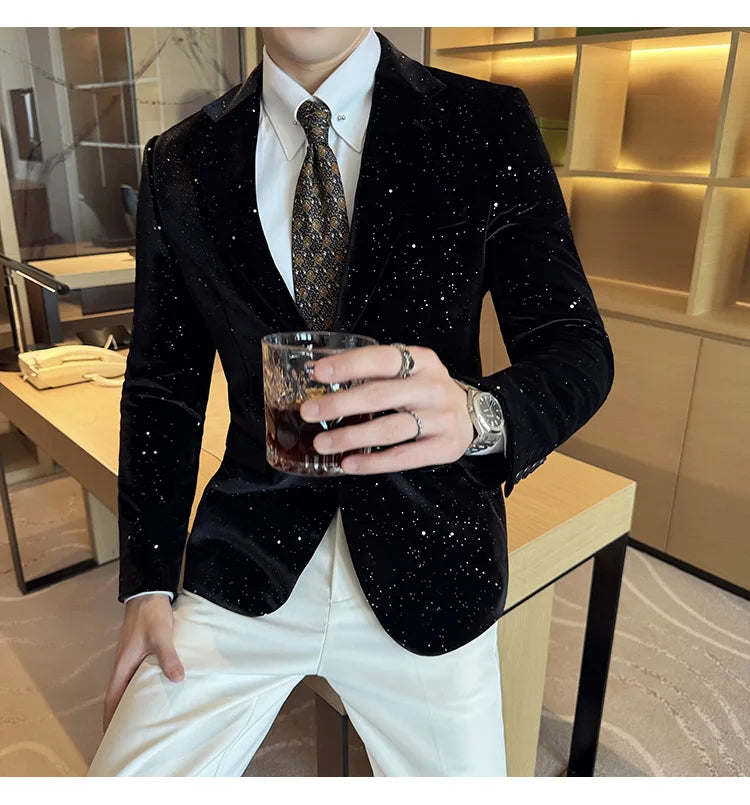 2024 Autumn New Velvet Jacket Men's Blazer Business Fashion Hot Stamping Printed Suit Jacket High-quality Luxury Dress Suit