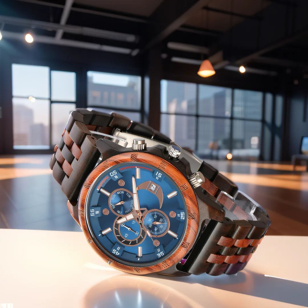 Men's Wooden Wrist Watches for Men Chronograph Fashion Wristwatches Business Blue Wood Mens Watches Clock reloj madera hombre