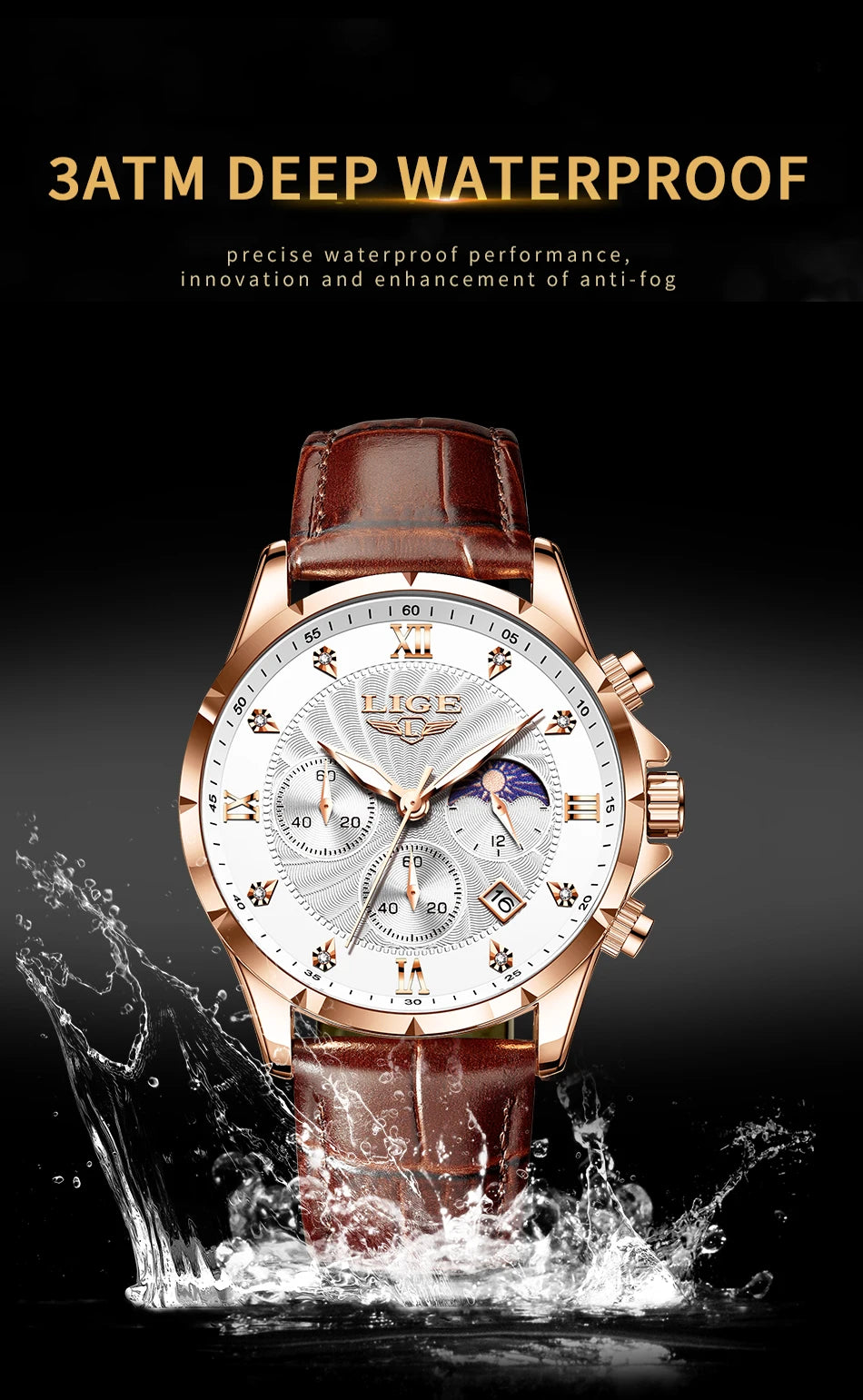 LIGE Men's Watch Luxury Business Luminous Waterproof Leather Watches Moon Phase Week Date Casual Quartz Watch Men Reloj hombre