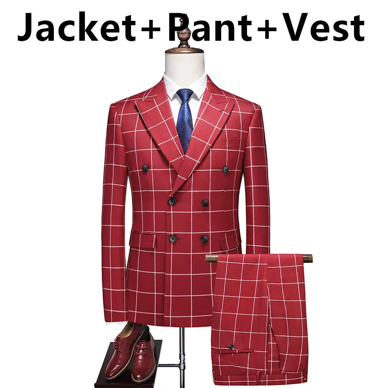 (Jacket +Pant+Vest) Luxury Men Groom Wedding Suits High Quality Business Social Prom Party Double Breasted Plaid Dress 3 Piece