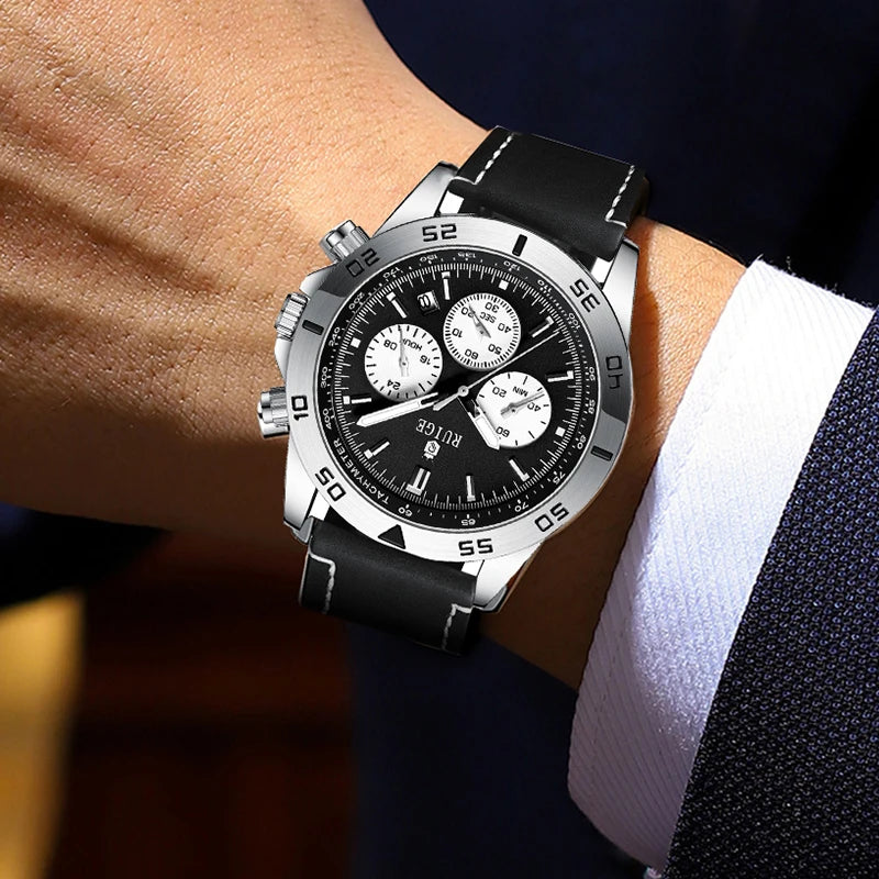 RUIGE Men's Watch Fashionable Men's Multi functional Watch Waterproof Glow Leather Strap Wrist Watch