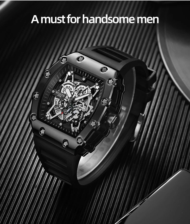 Brand Men's Watch Fashion Automatic Movement Barrel Luminous Waterproof Clock Sports Male's Silicone Strap Quartz Wristwatch New