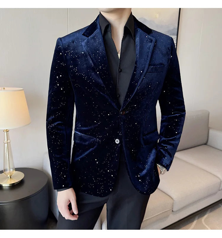 2024 Autumn New Velvet Jacket Men's Blazer Business Fashion Hot Stamping Printed Suit Jacket High-quality Luxury Dress Suit