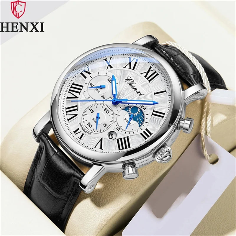 CHENXI 973 Men's Wristwatch Multi-functional Business Watch Moon Phase Date Waterproof Rome Dial Leather Quartz Watches for Man