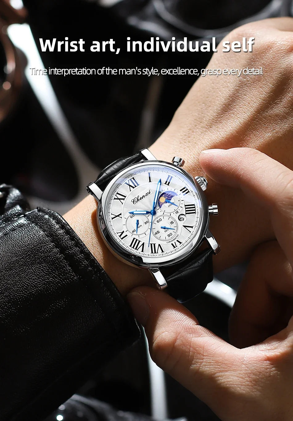 CHENXI 2024 Watches For Men Leather Strap Skeleton Quartz Sweep Second Movement Mens Watch Waterproof Chronograph Wristwatches