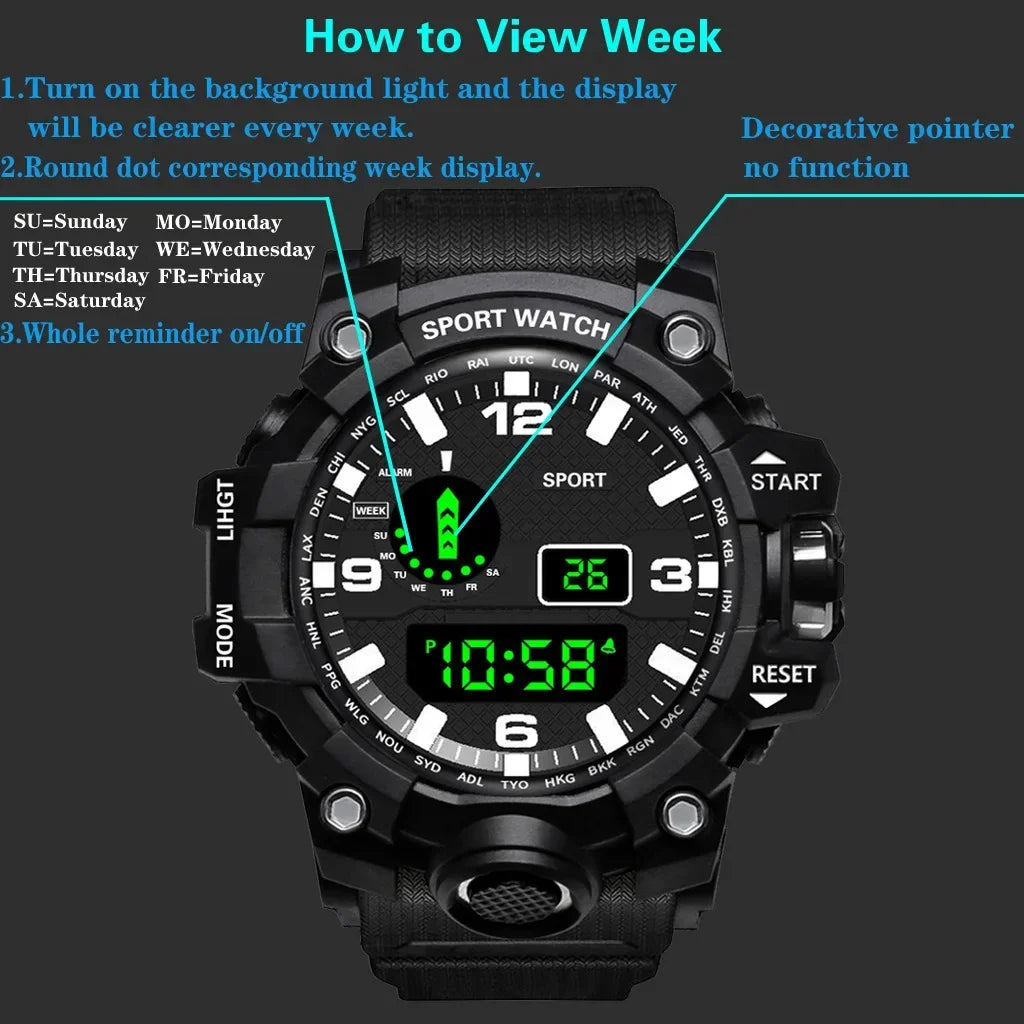 YIKAZE Y12 Men's Sports Watch Waterproof Luminous Men Sport Watch Multifunction Digital Electronic Wristwatch Clock for Boy Kids