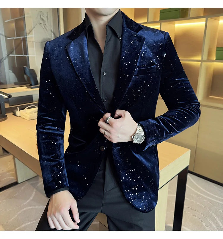 2024 Autumn New Velvet Jacket Men's Blazer Business Fashion Hot Stamping Printed Suit Jacket High-quality Luxury Dress Suit