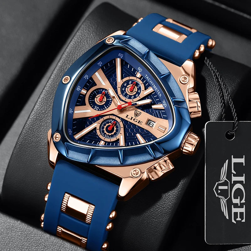 LIGE Fashion Men Watch Triangle Chronograph Military Wristwatch Sport Army Mens Watches Luxury Waterproof Quartz Clock Man Reloj