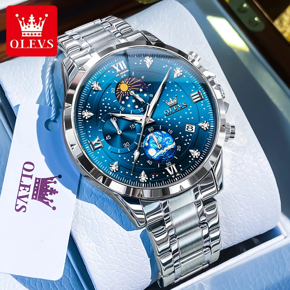 OLEVS 9807 New Man Watch Starry Sky Moon Phase Chronograph Waterproof Luminous Auto Date Hand Clock Luxury Quartz Watch for Men
