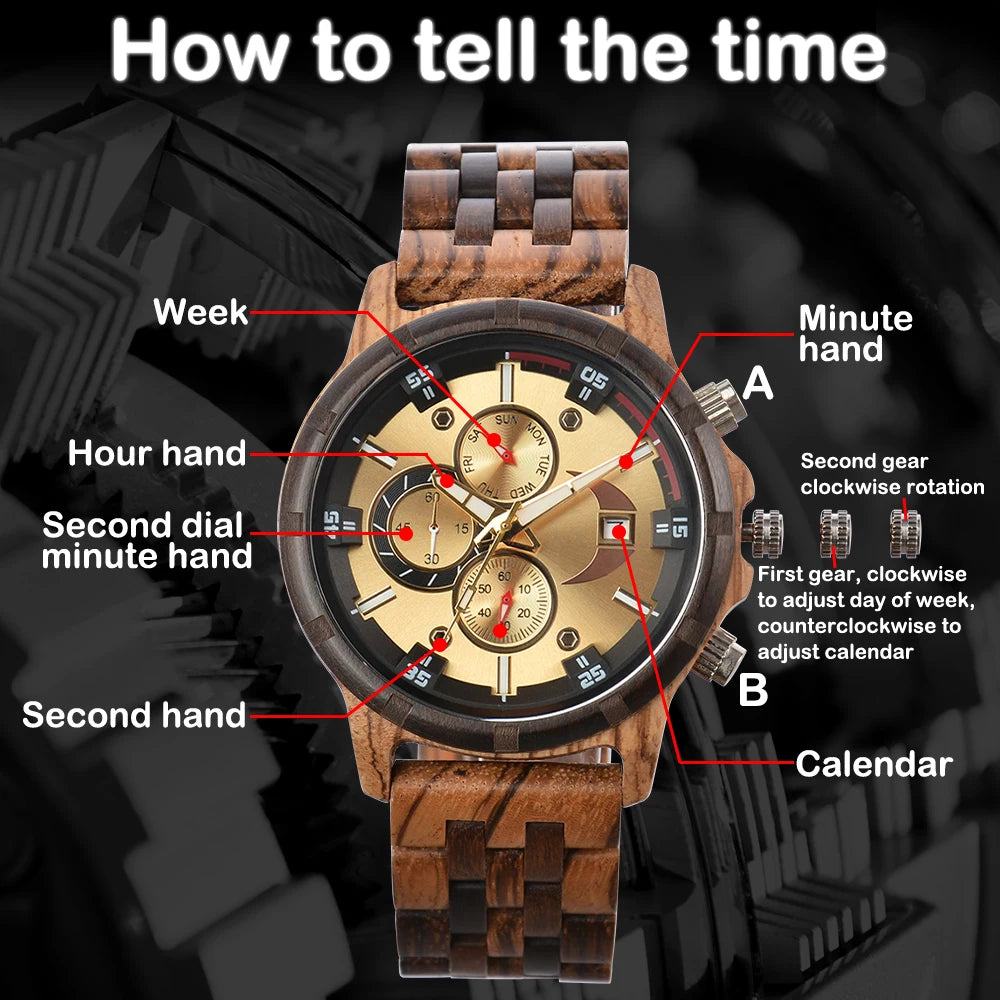 Men's Wooden Wrist Watches for Men Chronograph Fashion Wristwatches Business Blue Wood Mens Watches Clock reloj madera hombre