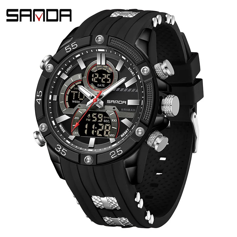 SANDA 6162 Men's Electronic Watch Creative Sports Waterproof Luminous Chronograph Pointer Digital Dual Display Wristwatches