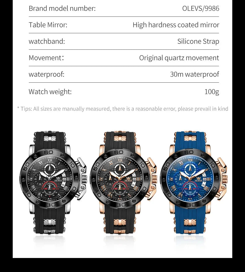 OLEVS 9986 Men Watch Silicone Strap Sports Multi functional Waterproof Luminous Timing Code Watch Luxury Brand Men Quartz Watch