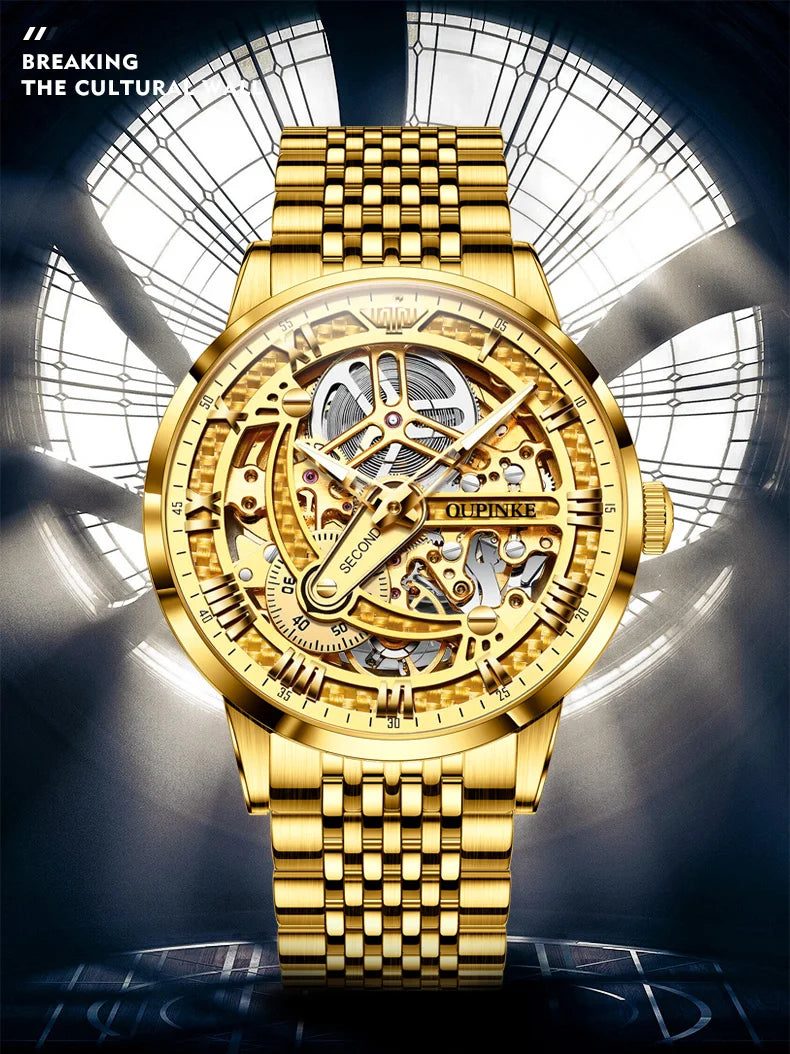 OUPINKE 3173 Luxury Gold Mechanical Watch For Men Hollow Top Brand Original Automatic Wristwatch 50M Waterproof Luminous Watches
