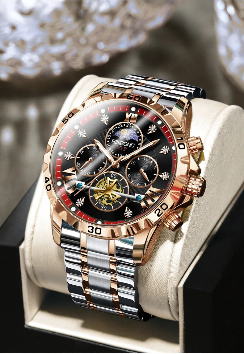 BINBOND Men's Watches Young Fashion Original Quartz Watch for Man Waterproof Luminous Flywheel Chronograph Moon Phase Casual