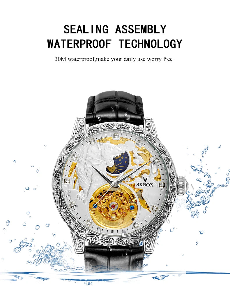 SKROX Original Gold Tiger Diamond Elegant Men's Watch Moon Phase Tourbillon Automatic Mechanical High-end Luxury Male Clockwork