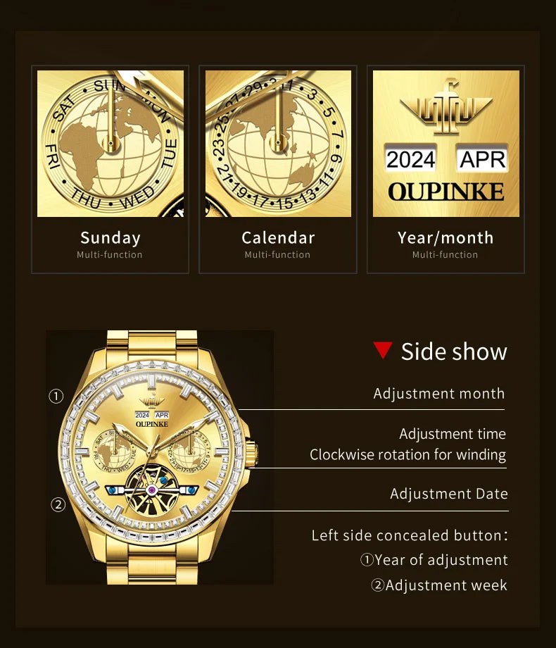OUPINKE 3280 Mechanical Watch for Men Luxury Full Diamond Flywheel Skeleton Gold Stainless steel Date Automatic Men's Watch