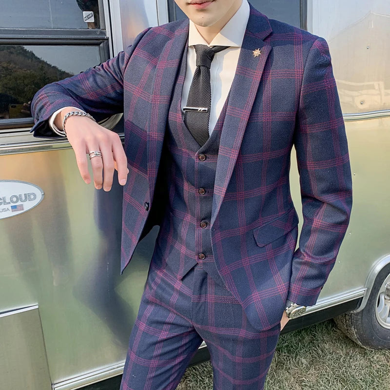 Blazers Pants Set 2 Pieces Set, 2024 Men's Business Casual Men Plaid Suit Jacket and Trousers, Asian Size M-5XL
