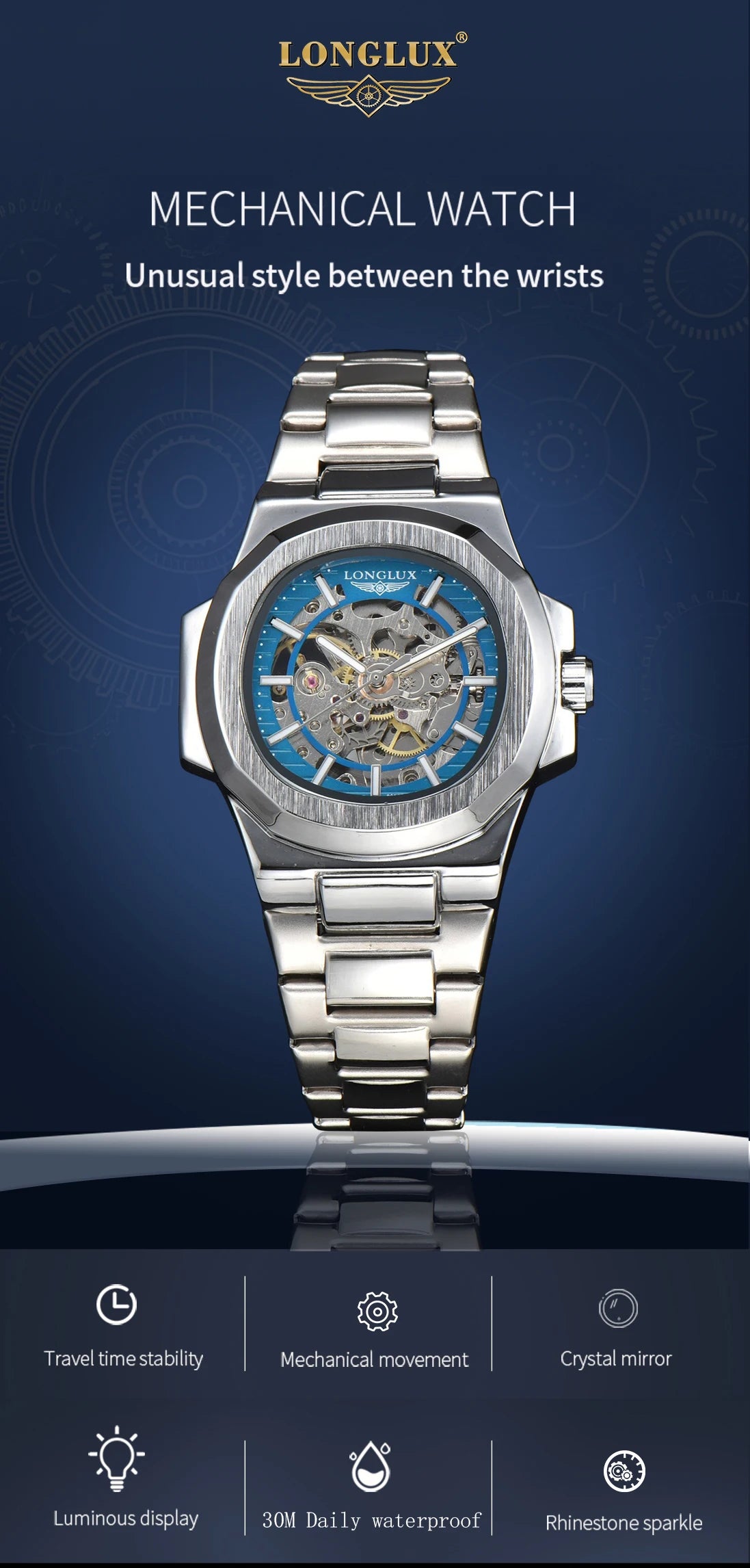 LONGLUX automatic man watch luxury wholesale mechanical wristwatches stainless steel skeleton waterproof mens watch men gift
