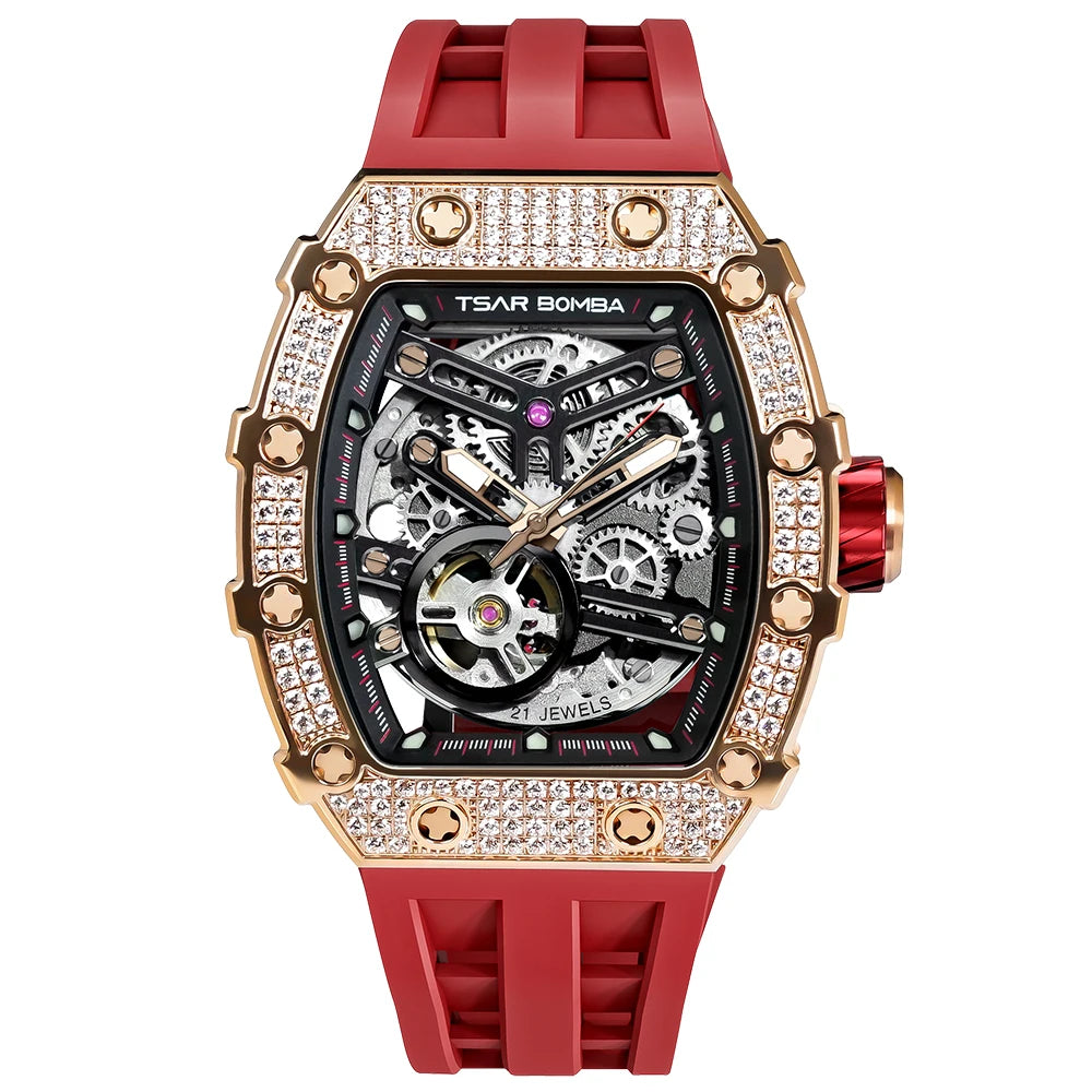 TSAR BOMBA Rose Gold Mens Automatic Watch Mechanical Wristwatch Sapphire Clock Fashion Skeleton Watch New Year Gift for Men