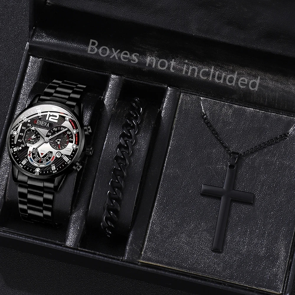 3PCS/SET Men's Calendar Quartz Watch Business Fashion Alloy Watch Set Necklace and Bracelet Set Ideal Choice for Gifts