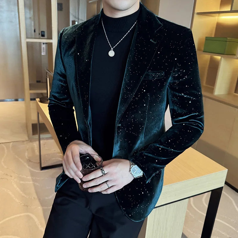 2024 Autumn New Velvet Jacket Men's Blazer Business Fashion Hot Stamping Printed Suit Jacket High-quality Luxury Dress Suit