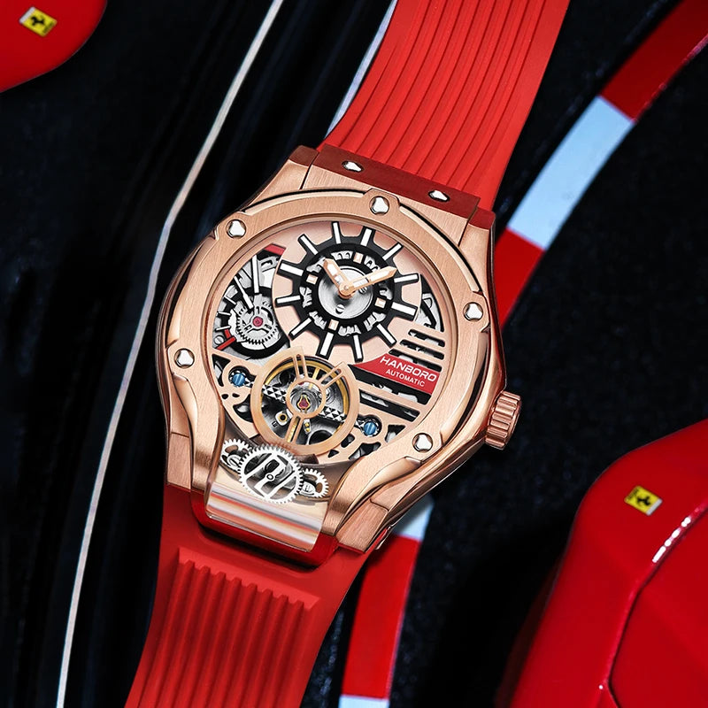 HANBORO Car Design Mechanic Watch Luxury Men Watches Mechanical Wristwatches Earth Skeleton Flywheel Watch Orologio Uomo