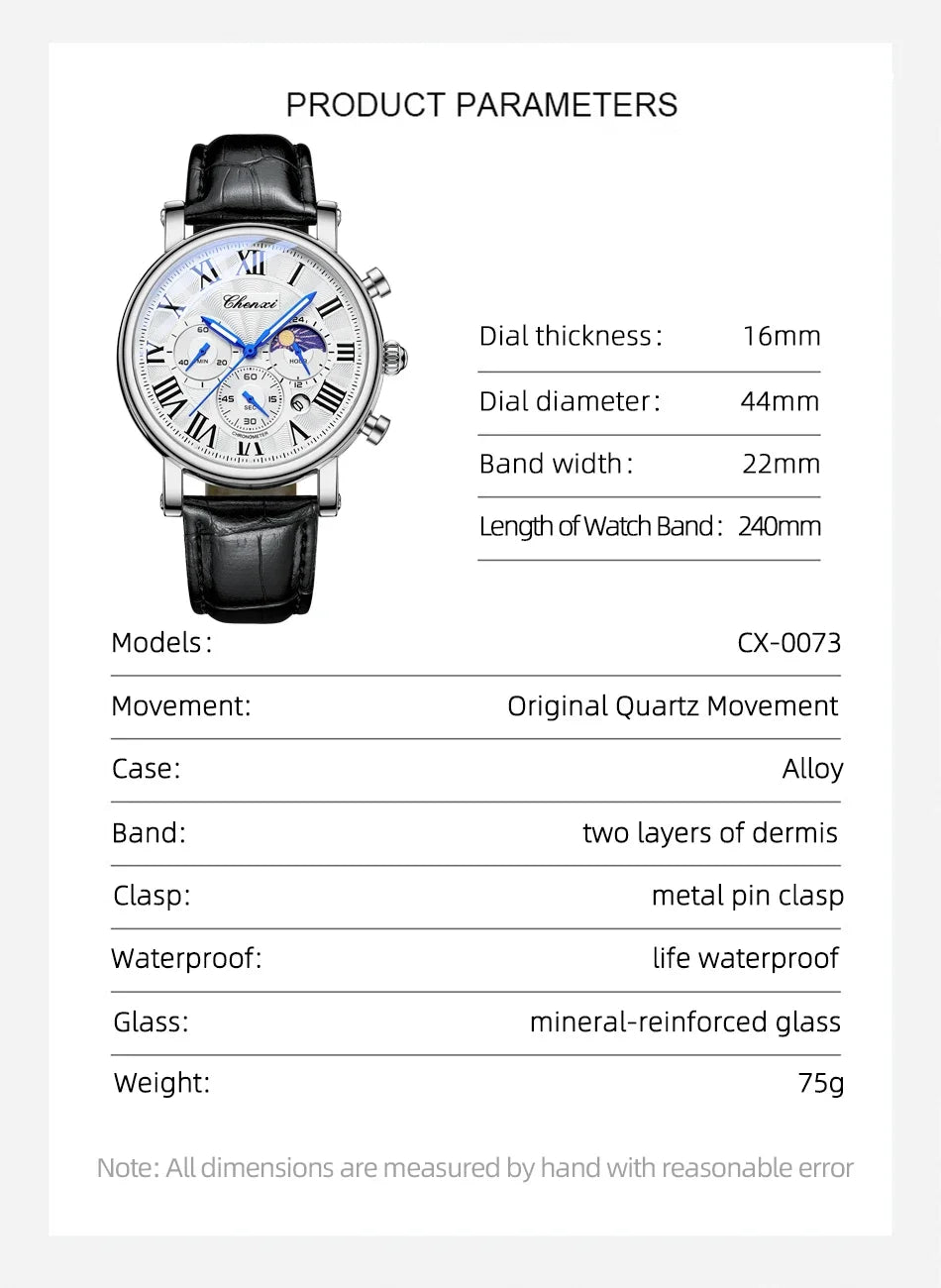 CHENXI 2024 Watches For Men Leather Strap Skeleton Quartz Sweep Second Movement Mens Watch Waterproof Chronograph Wristwatches