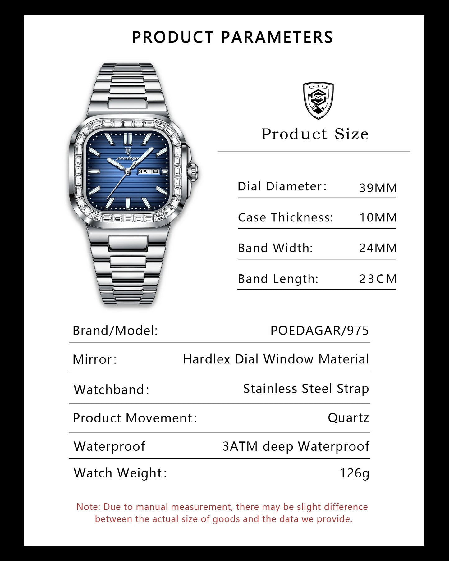 POEDAGAR Top Brand Luxury Watch for Men Waterproof Luminous Date Week Man Wristwatch Stainless Steel Square Quartz Men's Watches