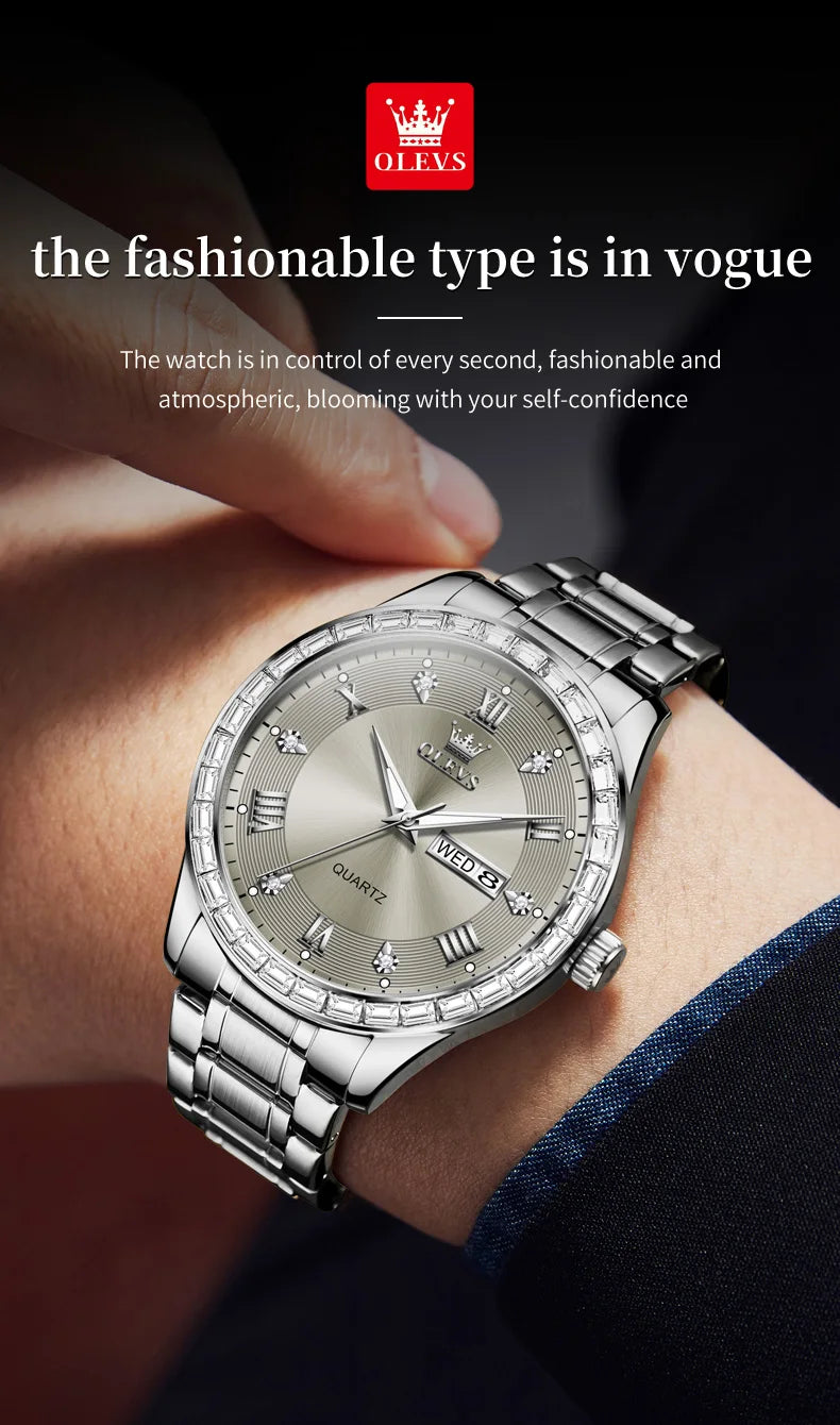 OLEVS 9906 Quartz Men's Watch Classic Fashion Men's Business Waterproof Stainless Steel Diamond dial Top Luxury Brand Men Watch