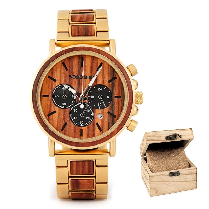 BOBO BIRD Men's Watch 3 Sub Dials Wooden Wrist Watch for Men Casual Quartz Watches Customized Dropshipping