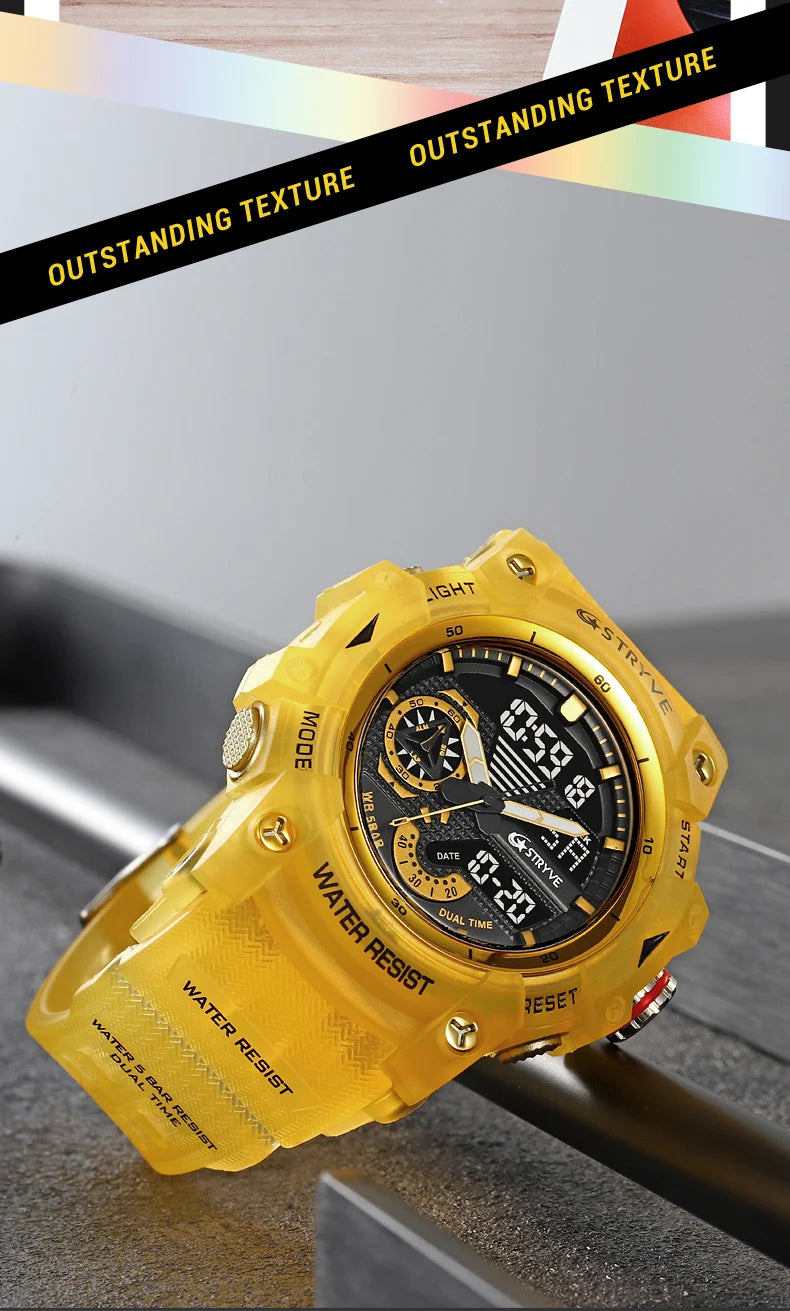 STRYVE Electronic Fashion Men's Sport Watches Shock Resistant 50M Waterproof Wristwatch LED Alarm Stopwatch Clock Men 8029