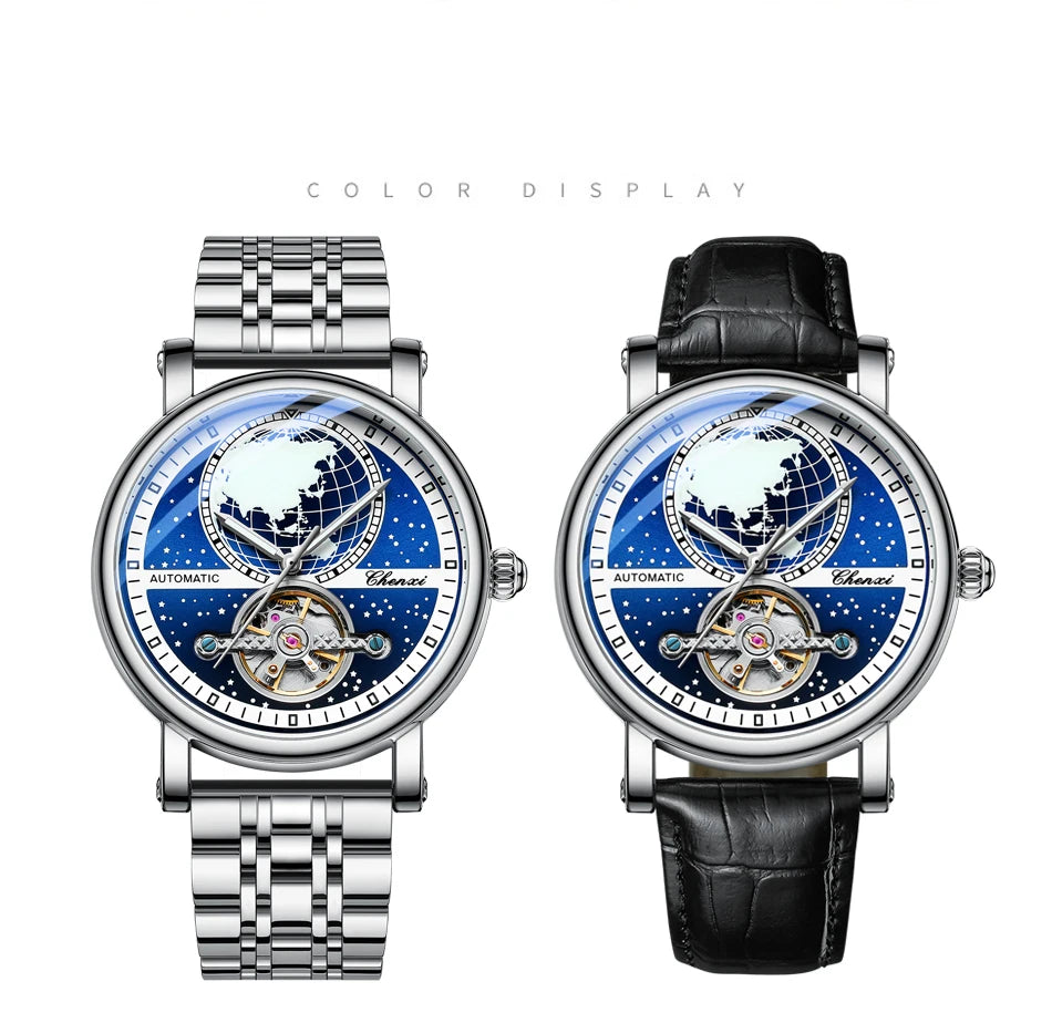 CHENXI Tourbillon Mens Watch Automatic Mechanical 8871 Classic Map Dial Waterproof Luminous Leather Watches for Men Reloj Hombre