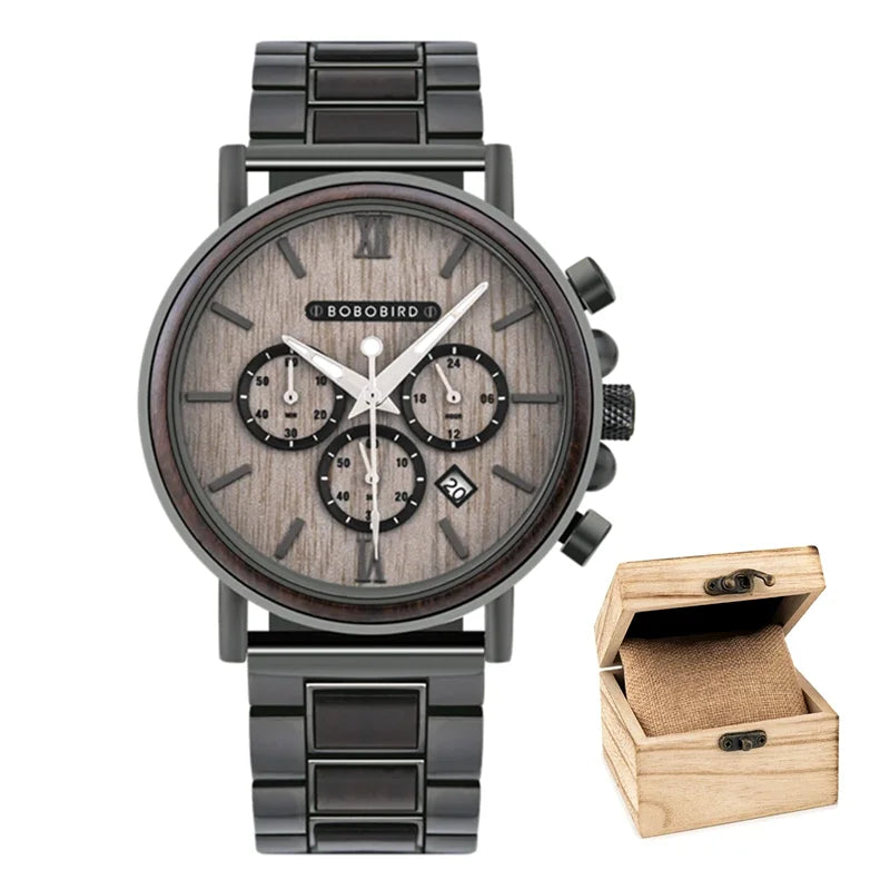 BOBO BIRD Men's Watch 3 Sub Dials Wooden Wrist Watch for Men Casual Quartz Watches Customized Dropshipping
