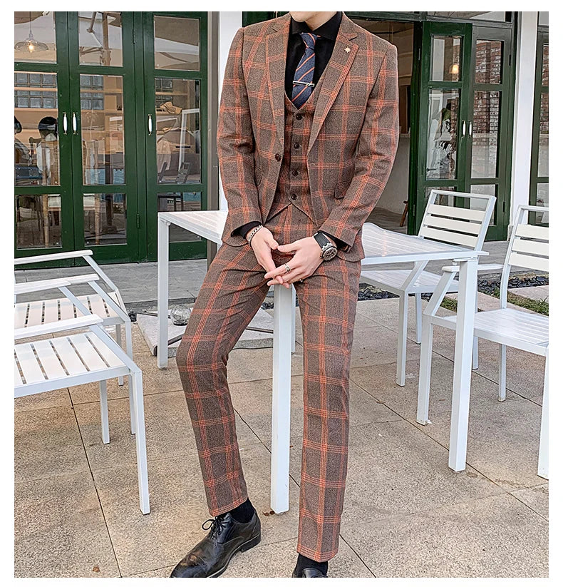 Blazers Pants Set 2 Pieces Set, 2024 Men's Business Casual Men Plaid Suit Jacket and Trousers, Asian Size M-5XL