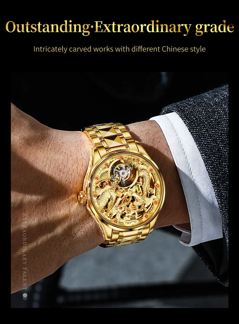 OUPINKE 3176 Luxury High end Fully Automatic Mechanical Tourbillon Watch Full Golden Dragon Dial Watch Sapphire Mirror Men Watch