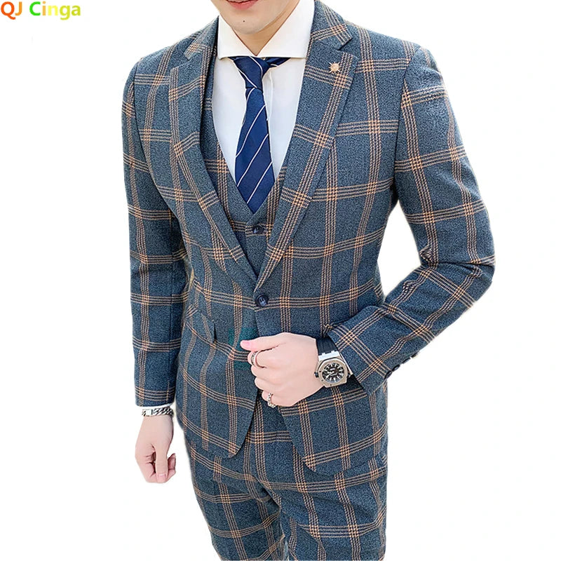 Blazers Pants Set 2 Pieces Set, 2024 Men's Business Casual Men Plaid Suit Jacket and Trousers, Asian Size M-5XL