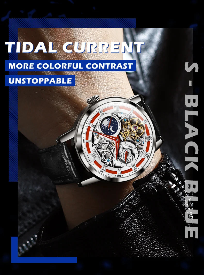 OLEVS Mens Watches Top Brand Luxury Moon Phase Tourbillon Mechanical Watch for Men Automatic Skeleton Watch Relogio Masculino