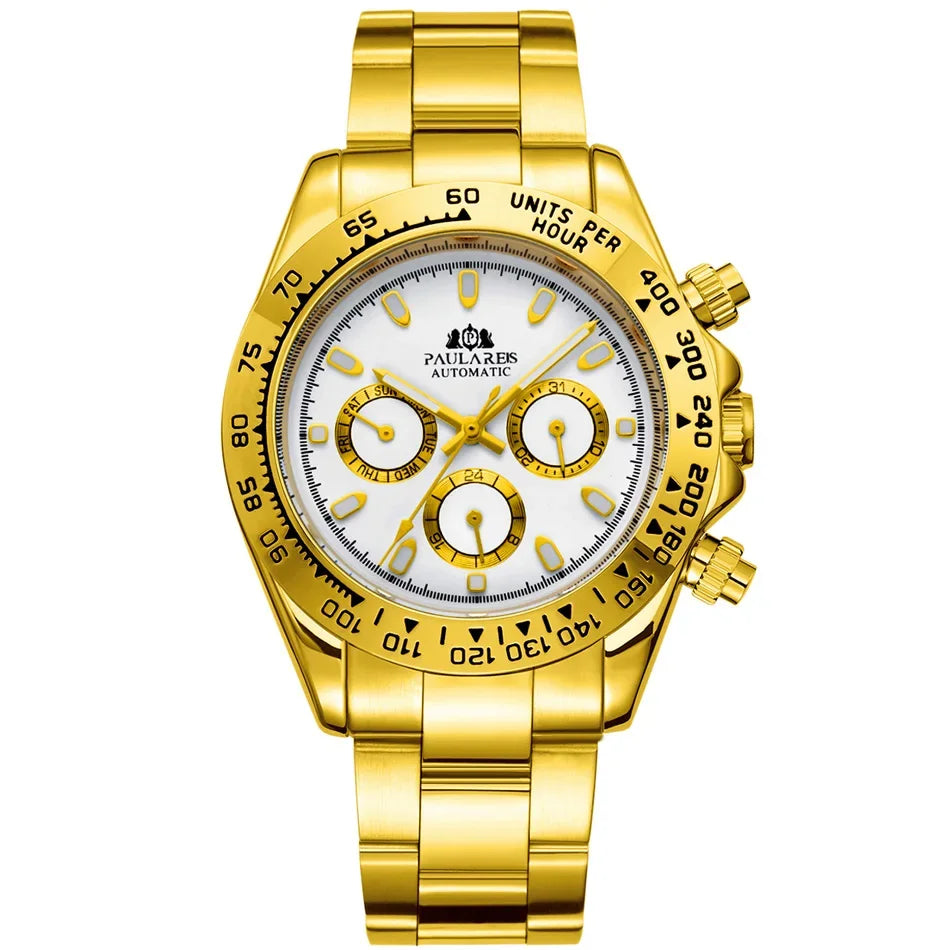 Automatic Watches Self Wind Mechanical Gold Stainless Steel Glacier Ice Blue Dial Chestnut Brown Bezel Luminous Men Watch