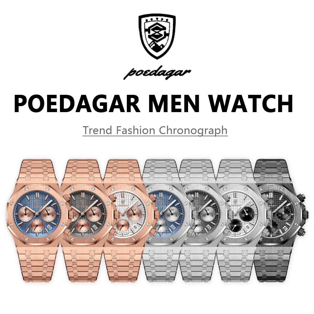 POEDAGAR Classic Men's Watches Trend Fashion Original Quartz Watch for Man Waterproof Fine Steel Chronograph Wristwatch Date