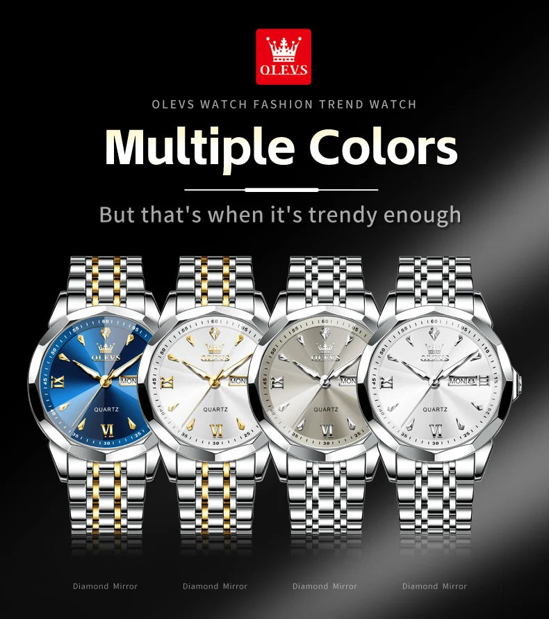 OLEVS 9998 Mens Watch Original Rhombus Mirror Quartz Mature Man Watch Waterproof Luminous Dual Calendar Display Watch For Man