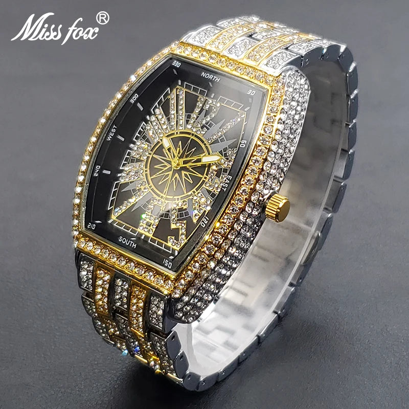 Classic 55mm Black Dial Wristwatch Men Famous Brand Diamond Silver Quartz Watch Original Ice Out Shiny Waterproof Clock 2023 New