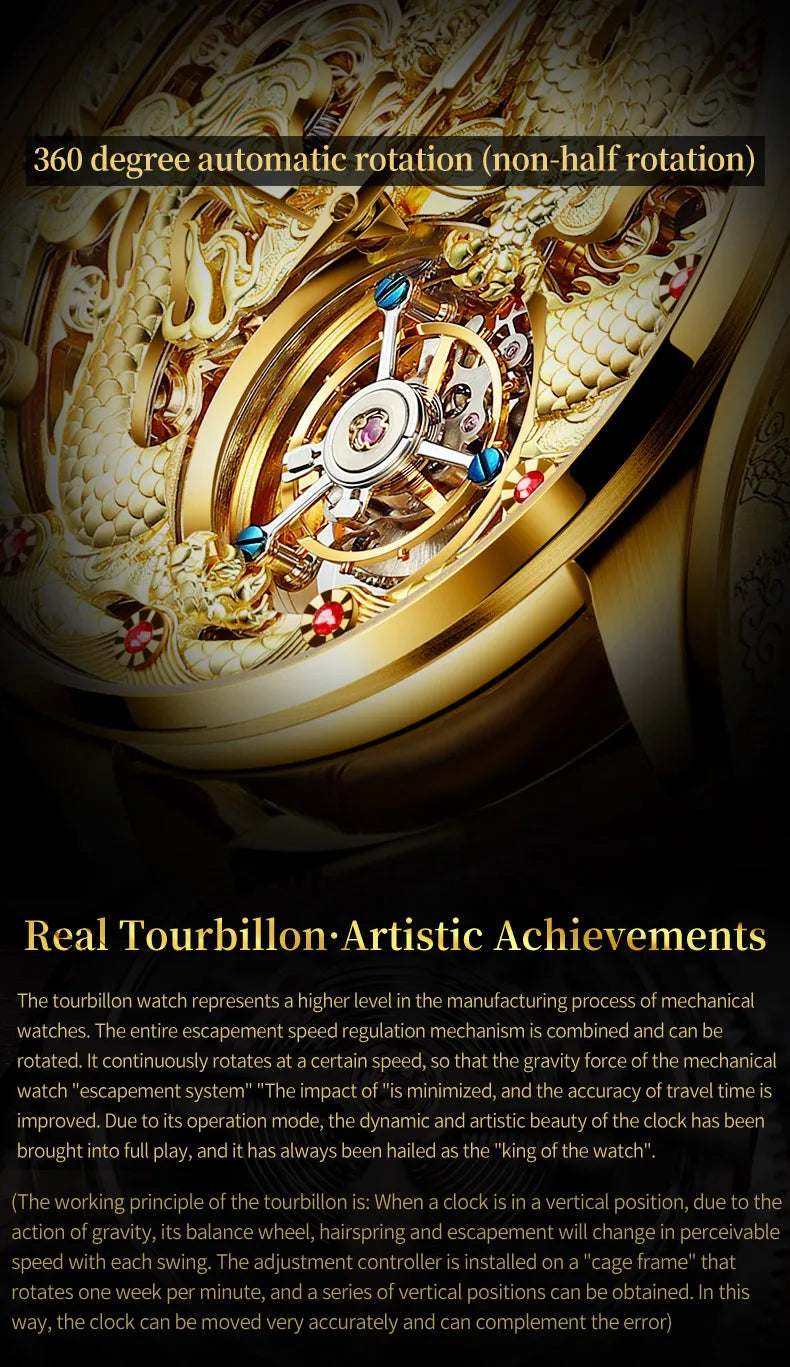 OUPINKE 3176 Luxury High end Fully Automatic Mechanical Tourbillon Watch Full Golden Dragon Dial Watch Sapphire Mirror Men Watch