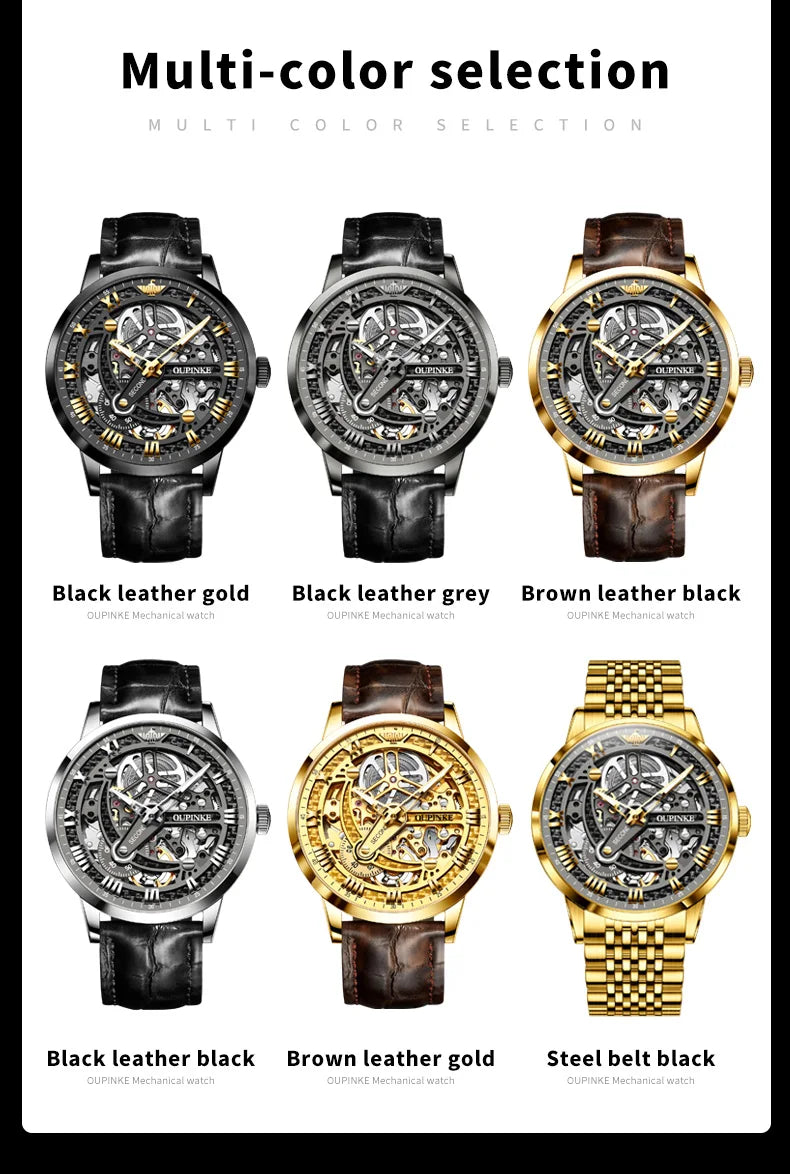 OUPINKE 3173 Luxury Gold Mechanical Watch For Men Hollow Top Brand Original Automatic Wristwatch 50M Waterproof Luminous Watches