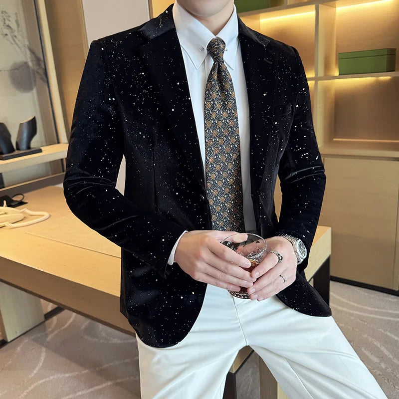 2024 Autumn New Velvet Jacket Men's Blazer Business Fashion Hot Stamping Printed Suit Jacket High-quality Luxury Dress Suit