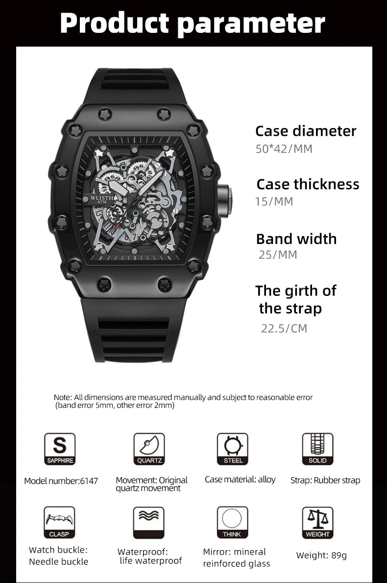 Brand Men's Watch Fashion Automatic Movement Barrel Luminous Waterproof Clock Sports Male's Silicone Strap Quartz Wristwatch New