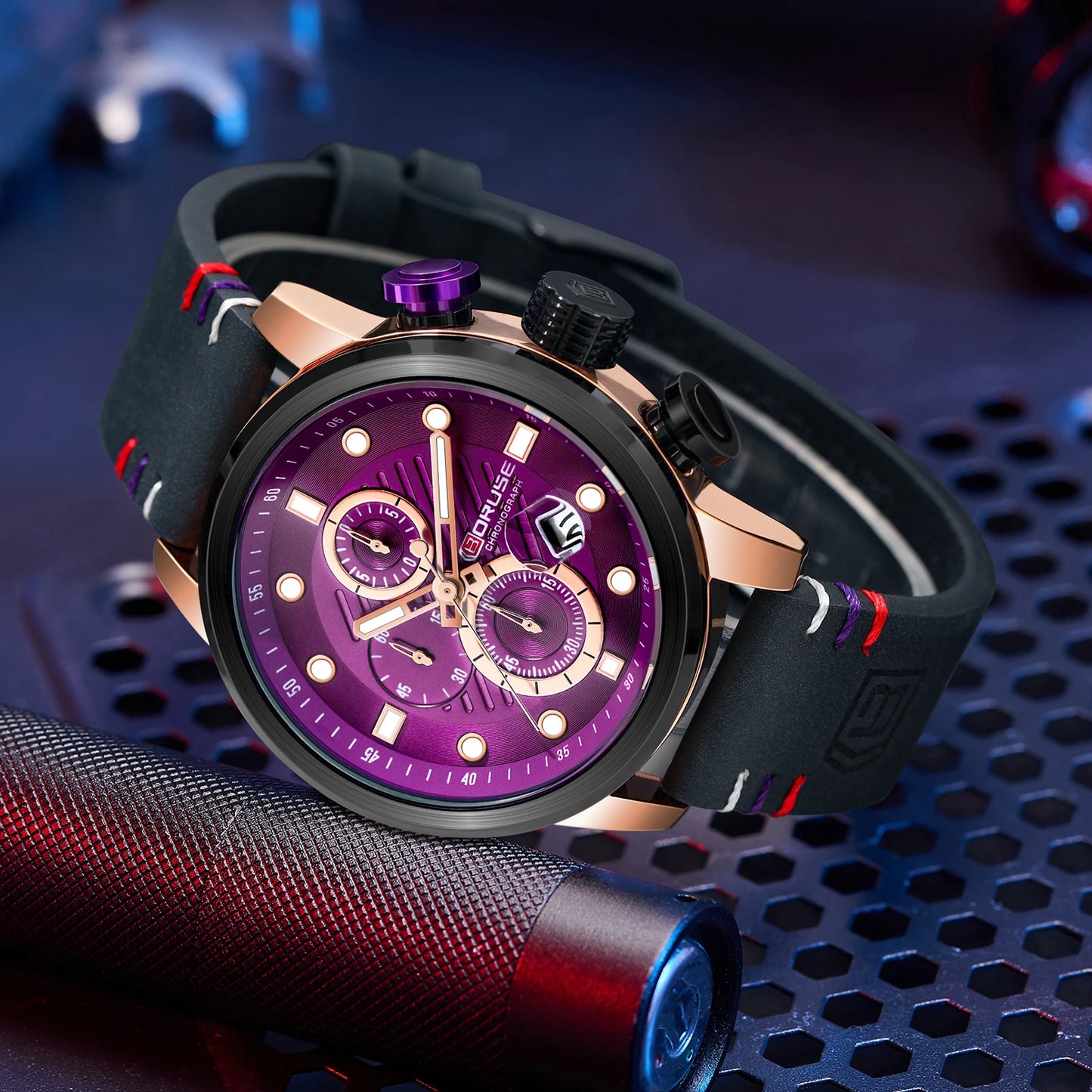BORUSE New Fashion Mens Watches Top Brand Luxury Military Quartz Watch Man Premium Leather Waterproof Sport Chronograph Watch